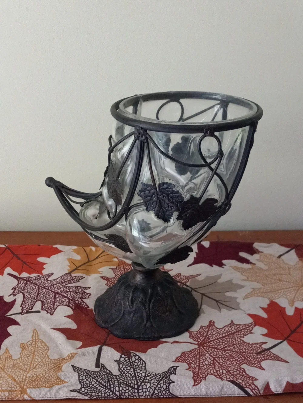 Caged Glass & Wrought Iron Cornucopia Horn of Plenty Fall Centerpiece Vase